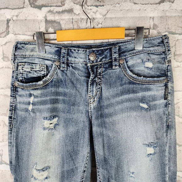 Silver Jeans Aiko Mid Capri Distressed Factory Fade Whiskered Light Blue Size 28 - Picture 4 of 15